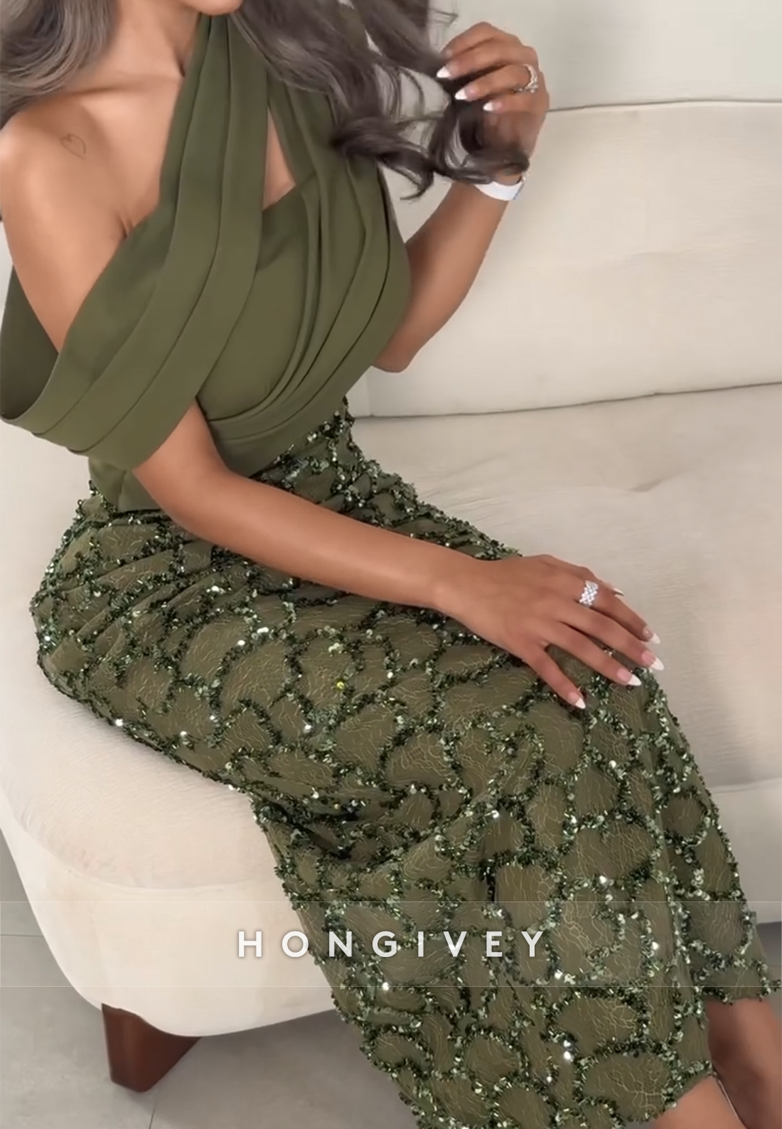 One Shoulder Sheath Ankle-Length Evening Gowns with Beading