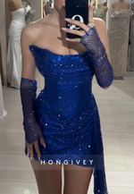 Burgundy Glitter Strapless Pleated Side Draping Party Mini Homecoming  Dresses