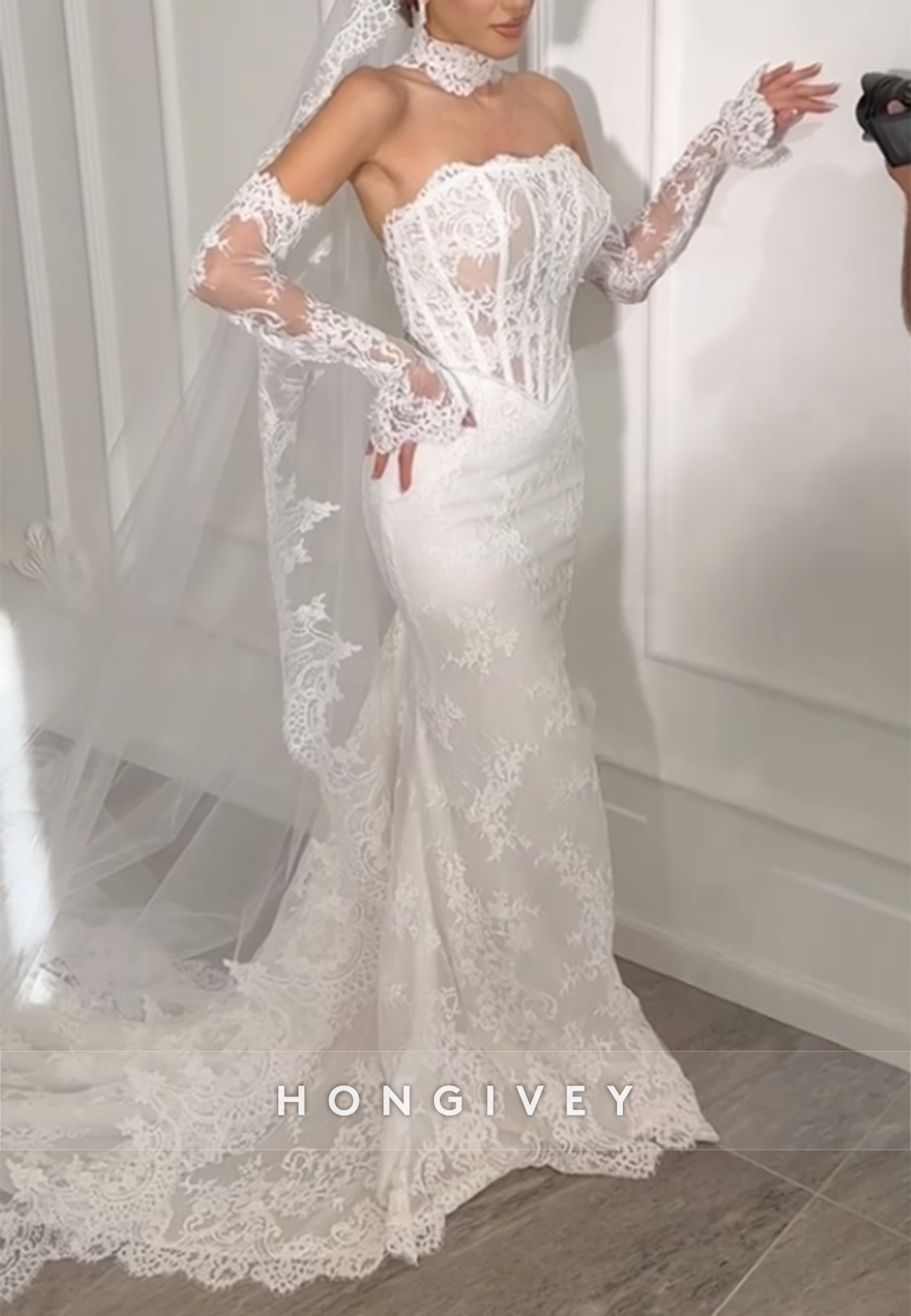 Strapless Mermaid Bridal Gown Lace Court Train Wedding Dresses