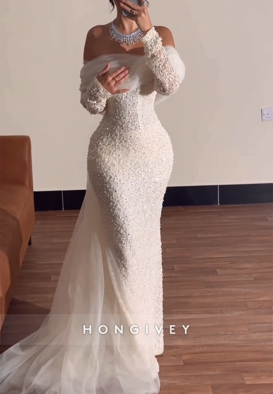 Off the Shoulder Sheath Long Sleeves Low Back Wedding Dresses with Beading
