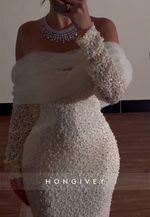 Off the Shoulder Sheath Long Sleeves Low Back Wedding Dresses with Beading