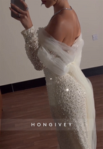 Off the Shoulder Sheath Long Sleeves Low Back Wedding Dresses with Beading