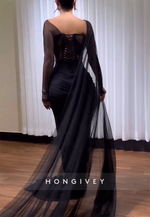 Side Draping Sweetheart Pleated Sheath Evening Gowns with Cape