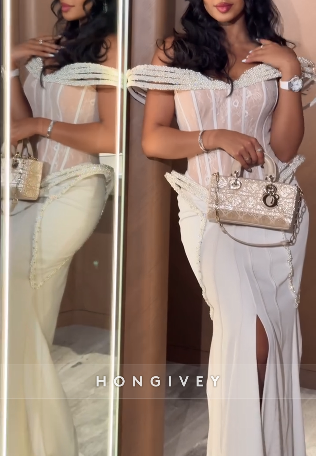 Off the Shoulder Lace Floor-Length Trumpet Evening Gowns with Slit