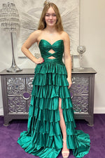 A Line Sweetheart Pink Hot Fix Satin Tiered Prom Dress