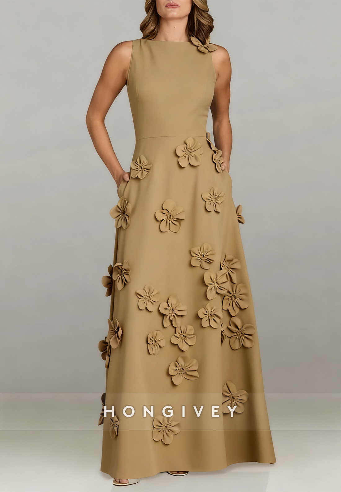 Halter Floor-Length A-line Evening Gown Pleated Flowers Mother of the Bride Dress