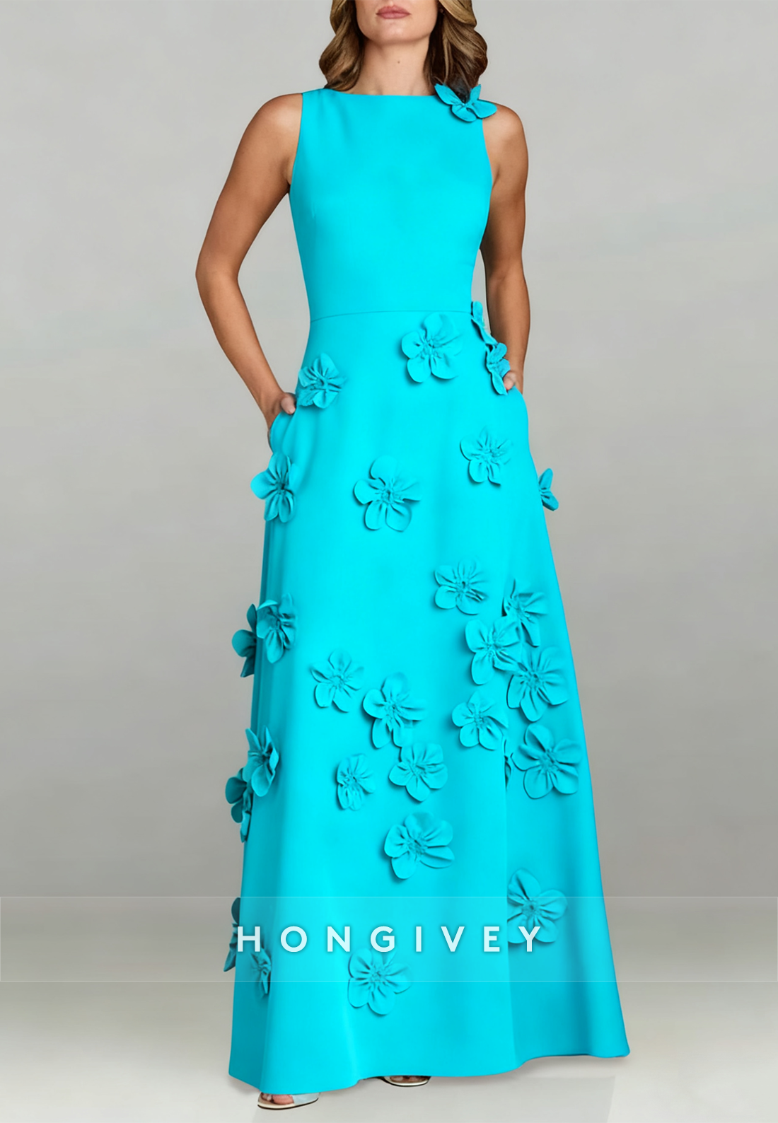 Halter Floor-Length A-line Evening Gown Pleated Flowers Mother of the Bride Dress