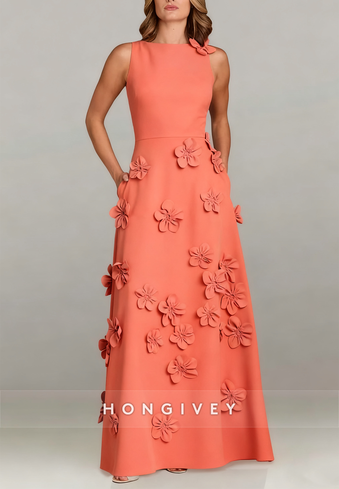 Halter Floor-Length A-line Evening Gown Pleated Flowers Mother of the Bride Dress