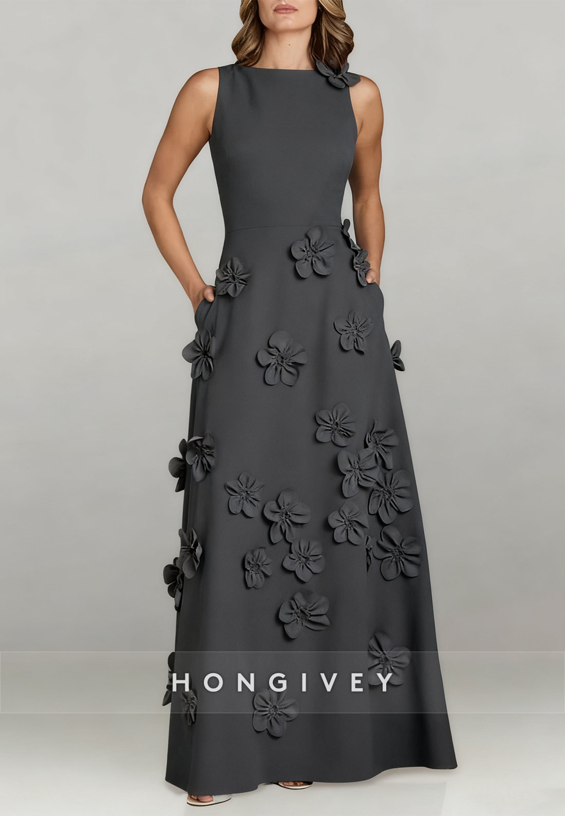 Halter Floor-Length A-line Evening Gown Pleated Flowers Mother of the Bride Dress