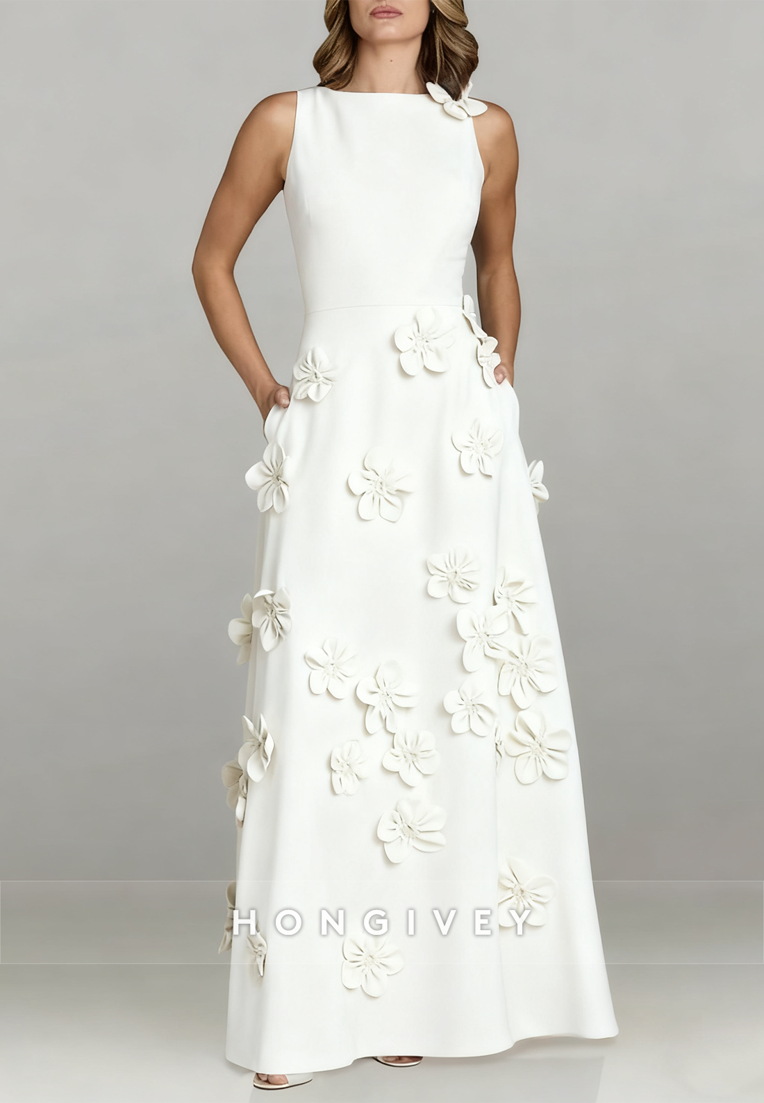 Halter Floor-Length A-line Evening Gown Pleated Flowers Mother of the Bride Dress