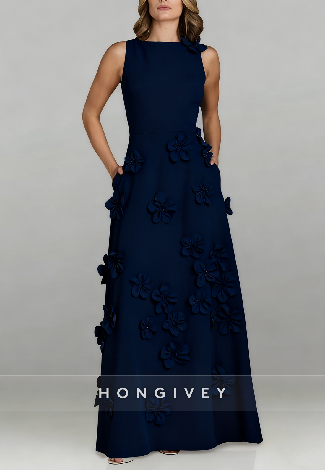 Halter Floor-Length A-line Evening Gown Pleated Flowers Mother of the Bride Dress