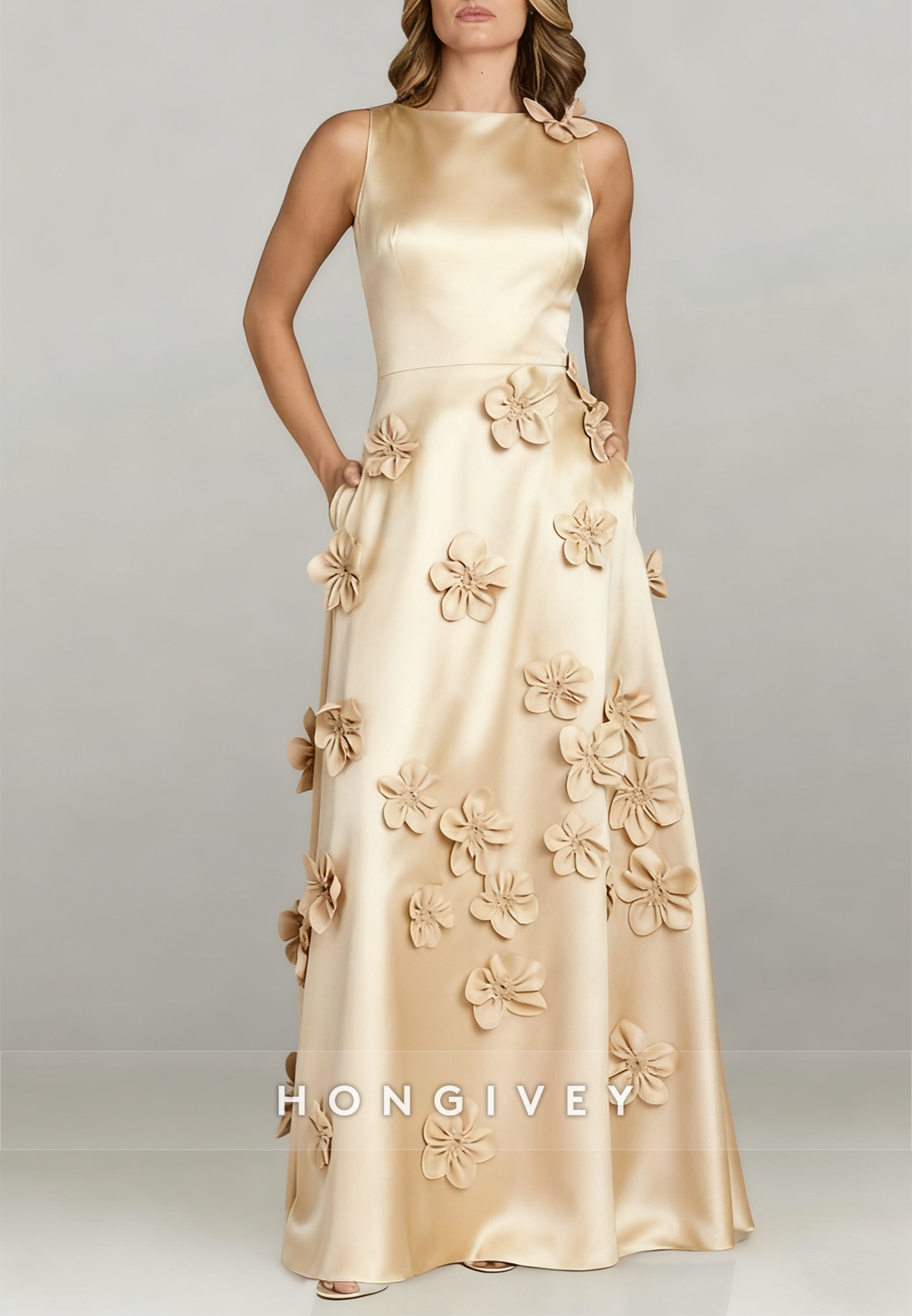 Halter Floor-Length A-line Evening Gown Pleated Flowers Mother of the Bride Dress