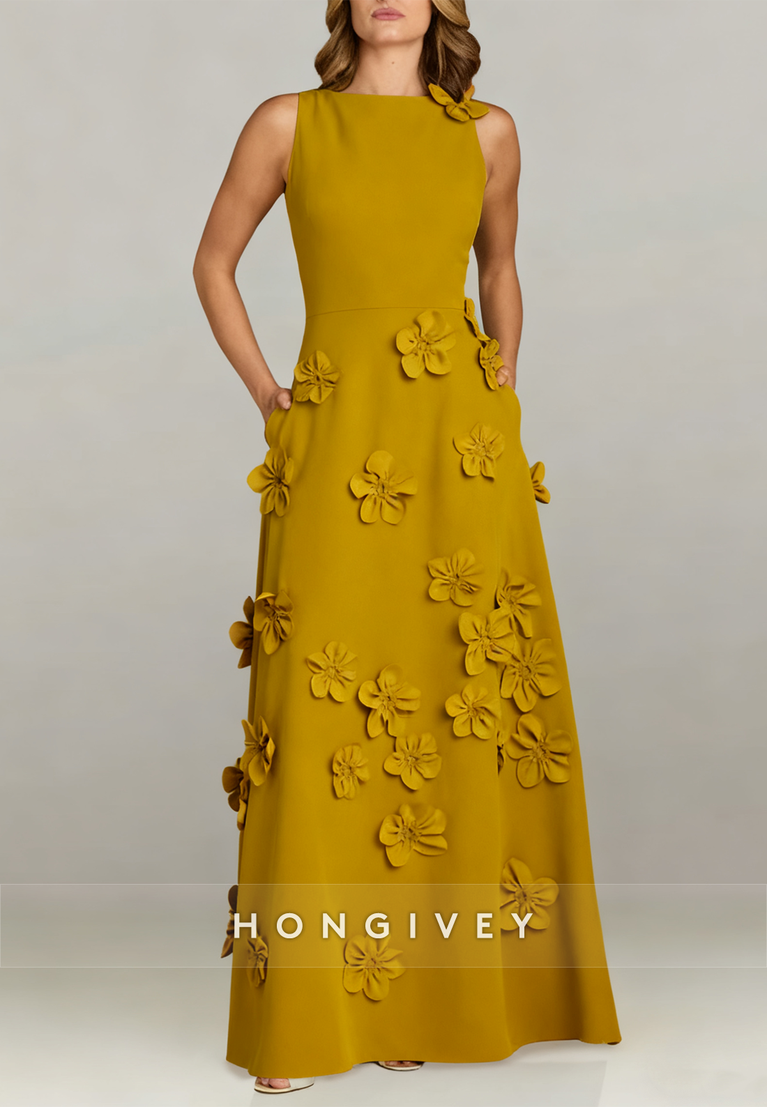 Halter Floor-Length A-line Evening Gown Pleated Flowers Mother of the Bride Dress