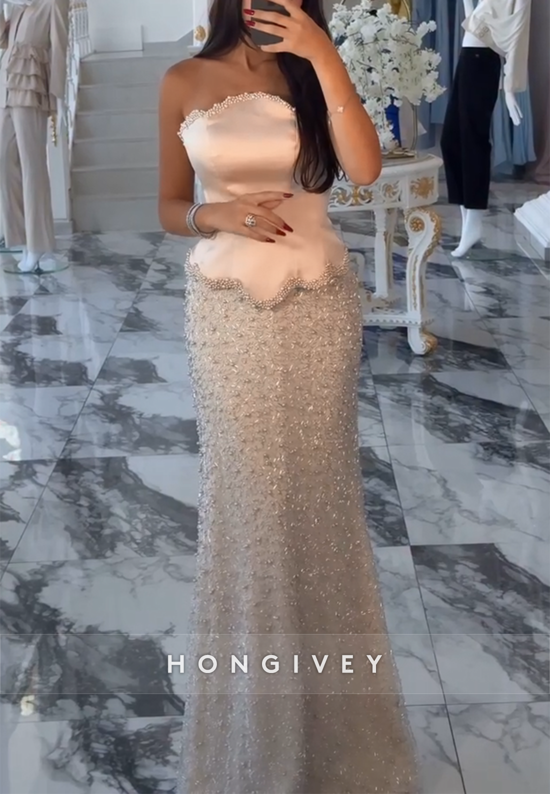 Strapless Floor-Length Trumpet Satin Corset Evening Gowns with Beading