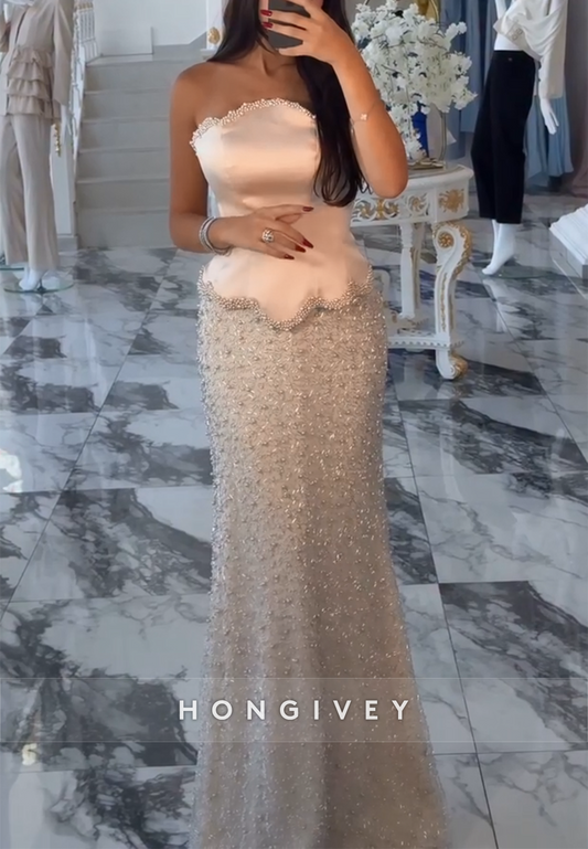 Strapless Floor-Length Trumpet Satin Corset Evening Gowns with Beading