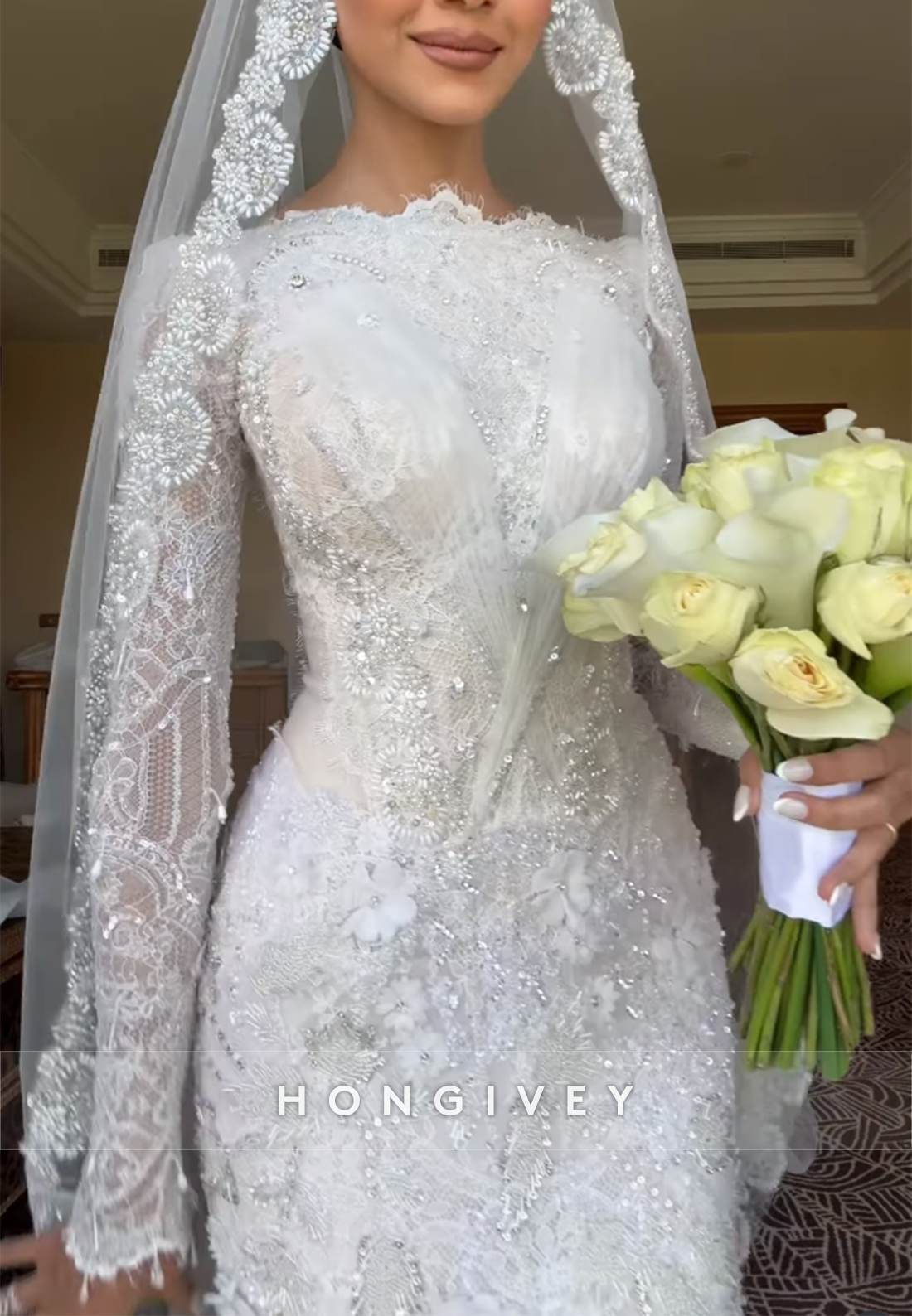 Lace Mermaid Long Sleeves Wedding Dresses with Beading and 3D Flowers