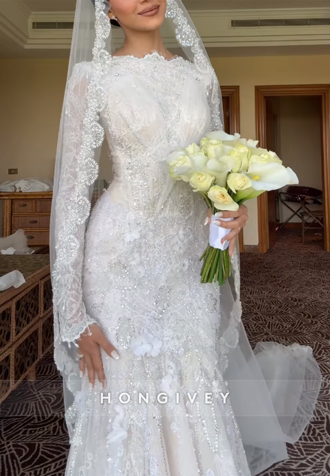 Lace Mermaid Long Sleeves Wedding Dresses with Beading and 3D Flowers