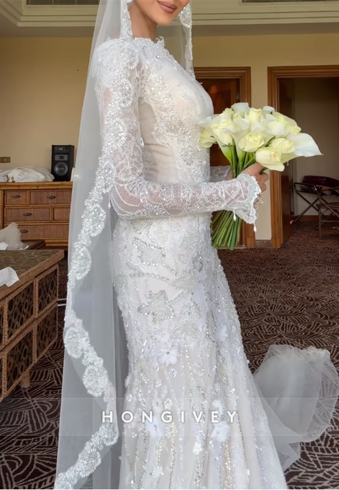 Lace Mermaid Long Sleeves Wedding Dresses with Beading and 3D Flowers
