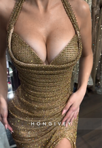 Golden Sparkly Halter Column V-Neck Pleated Prom Dresses with High Slit