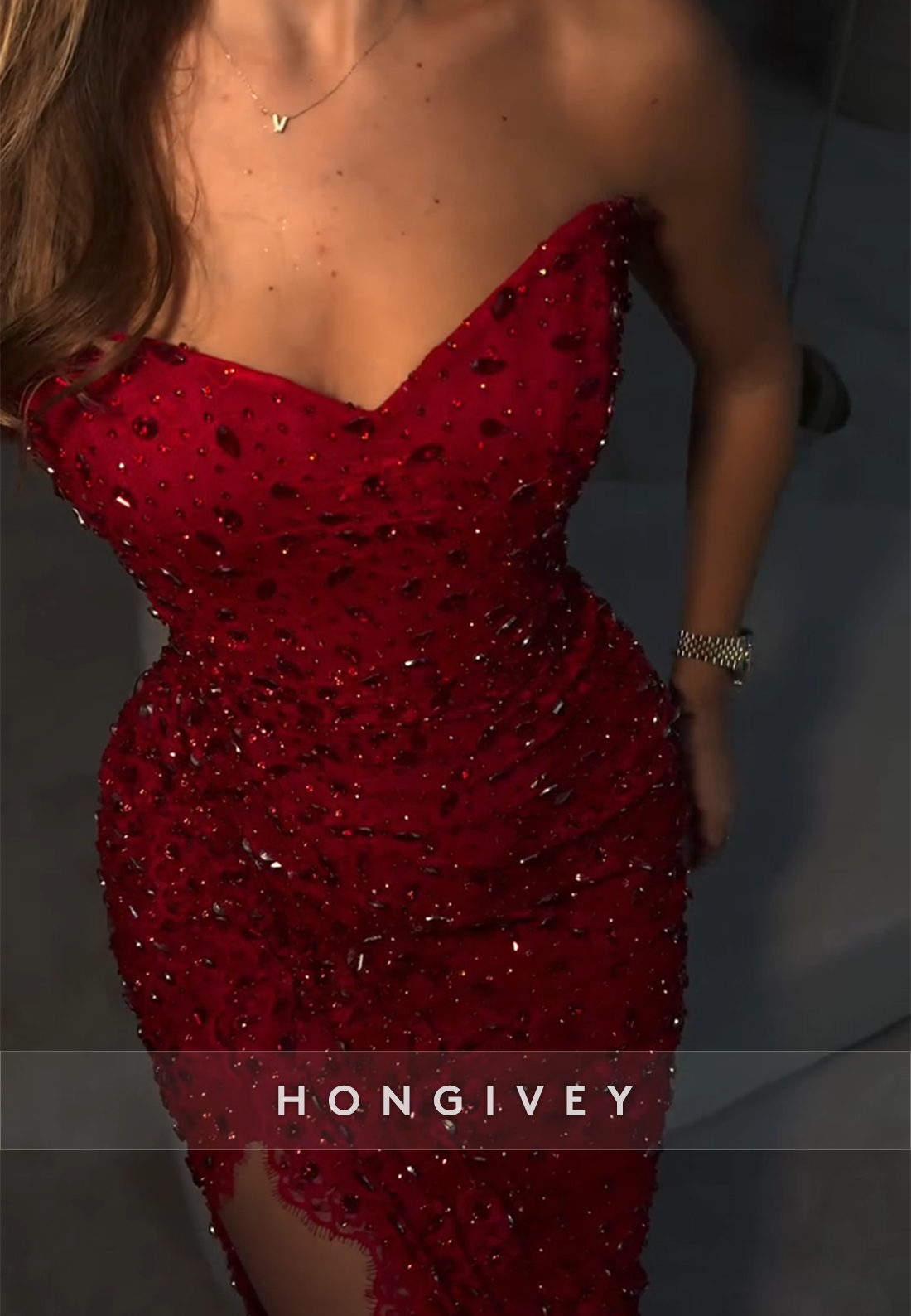 Strapless Red V-Neck Mermaid High Slit Prom Dresses with Rhinestone