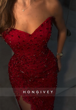 Strapless Red V-Neck Mermaid High Slit Prom Dresses with Rhinestone