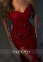 Strapless Red V-Neck Mermaid High Slit Prom Dresses with Rhinestone