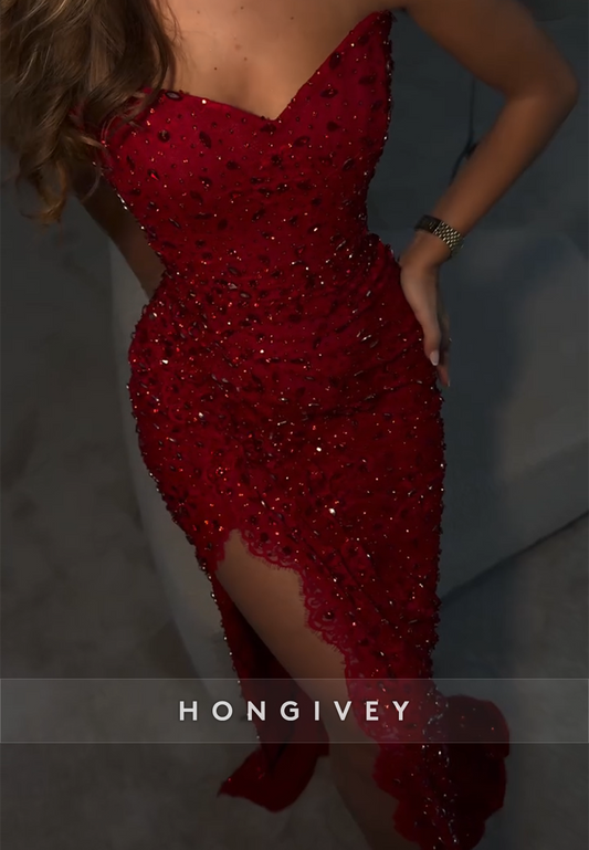 Strapless Red V-Neck Mermaid High Slit Prom Dresses with Rhinestone