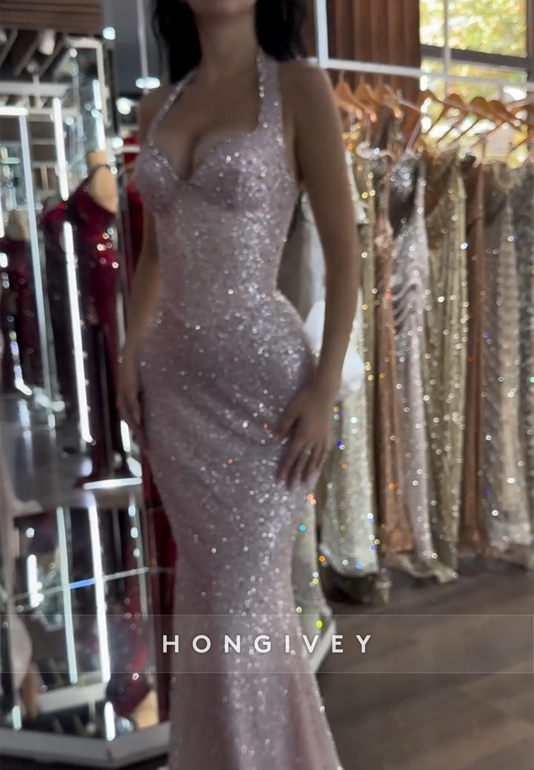 Sparkly Sequined Pale Blush High Slit Floor-Length Mermaid Prom Dresses