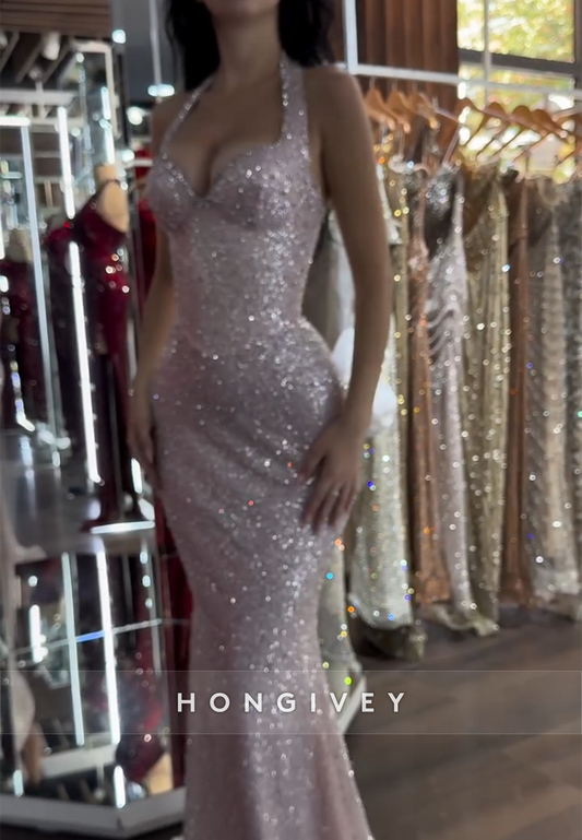 Sparkly Sequined Pale Blush High Slit Floor-Length Mermaid Prom Dresses