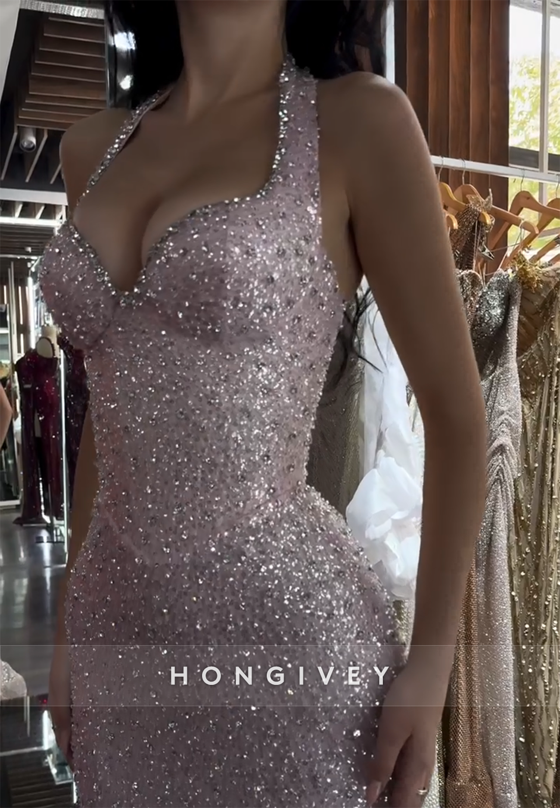 Sparkly Sequined Pale Blush High Slit Floor-Length Mermaid Prom Dresses