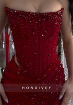 Sparkly Red Strapless Column Side Slit Prom Dresses with Rhinestone