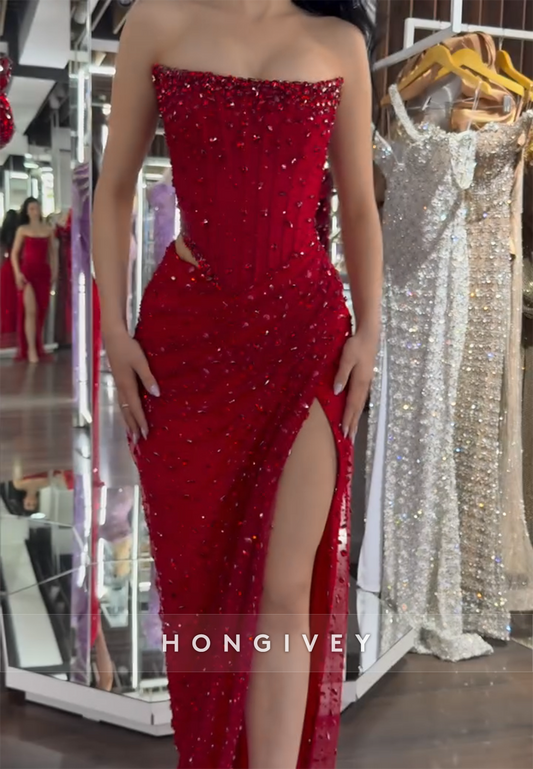 Sparkly Red Strapless Column Side Slit Prom Dresses with Rhinestone