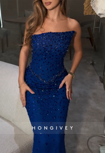 Strapless Mermaid Royal Blue Floor-Length Prom Dresses with Rhinestone