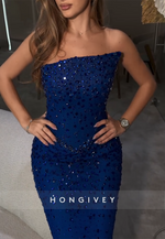 Strapless Mermaid Royal Blue Floor-Length Prom Dresses with Rhinestone