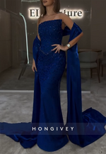 Strapless Mermaid Royal Blue Floor-Length Prom Dresses with Rhinestone