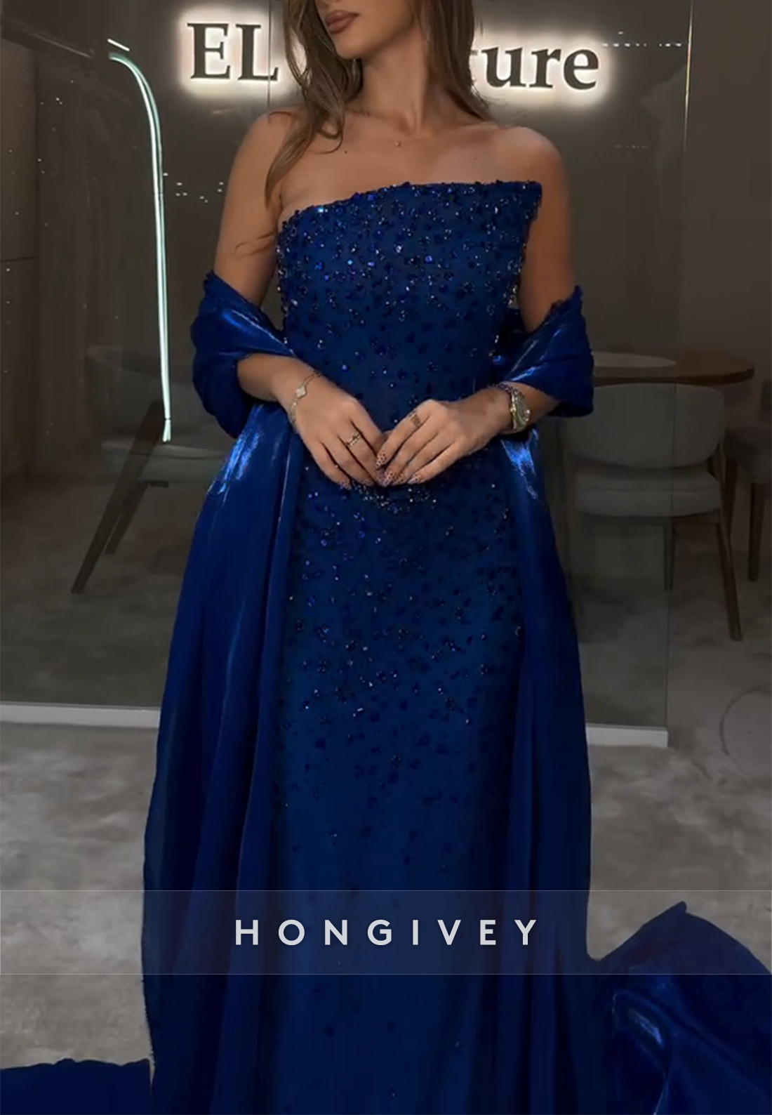 Strapless Mermaid Royal Blue Floor-Length Prom Dresses with Rhinestone