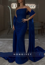 Strapless Mermaid Royal Blue Floor-Length Prom Dresses with Rhinestone