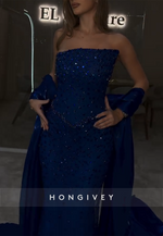 Strapless Mermaid Royal Blue Floor-Length Prom Dresses with Rhinestone
