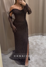 Sweetheart Glitter Off the Shoulder Floor-Length Column Pleated Prom Dresses