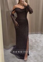 Sweetheart Glitter Off the Shoulder Floor-Length Column Pleated Prom Dresses