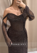 Sweetheart Glitter Off the Shoulder Floor-Length Column Pleated Prom Dresses