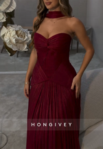 Sweetheart A-Line Floor-Length Burgundy Halter Strapless Evening Gowns