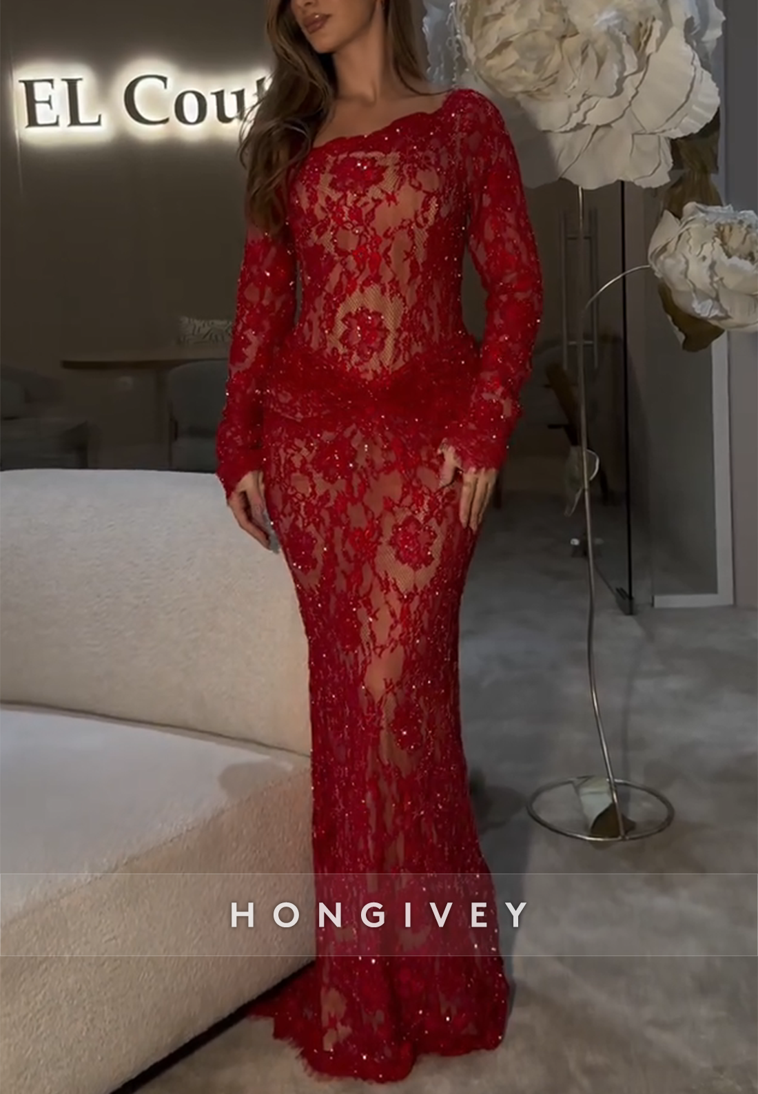 Red Floor-Length Long Sleeves Lace Mermaid Beaded Prom Dresses