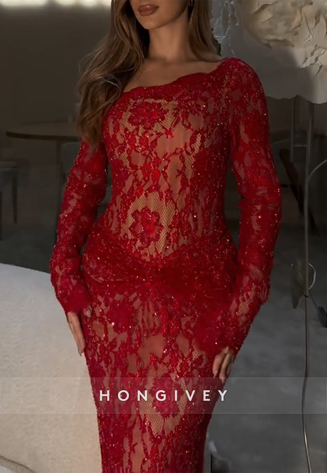 Red Floor-Length Long Sleeves Lace Mermaid Beaded Prom Dresses