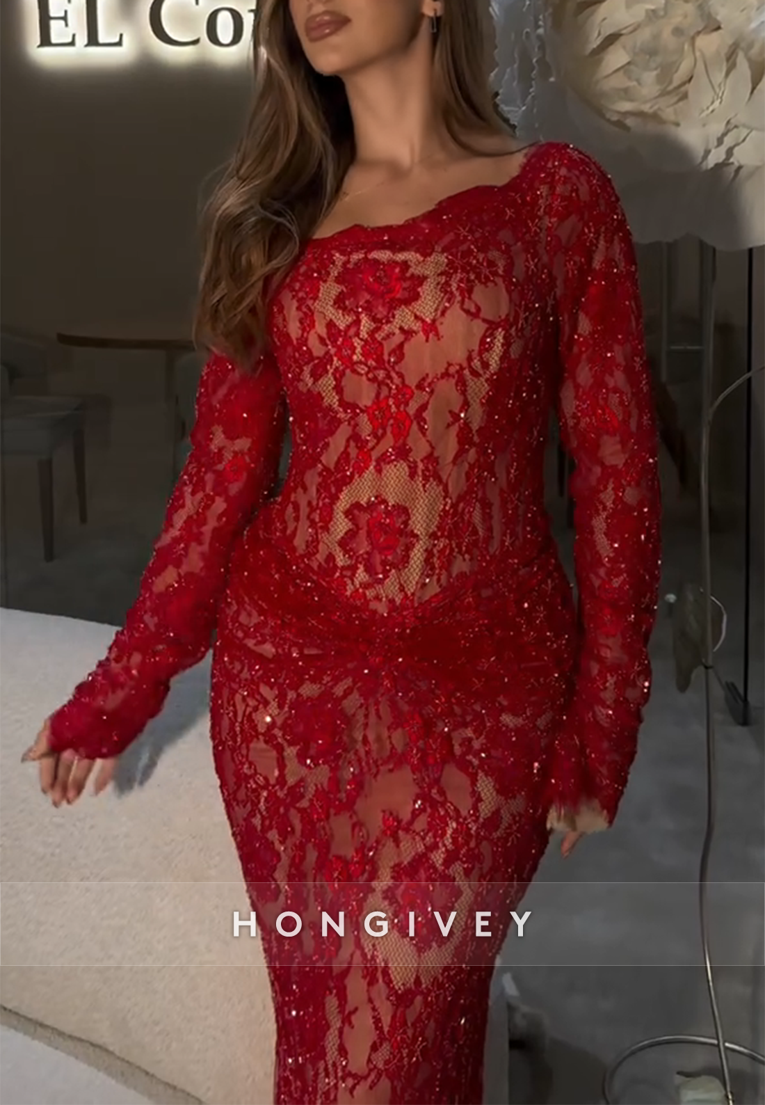 Red Floor-Length Long Sleeves Lace Mermaid Beaded Prom Dresses