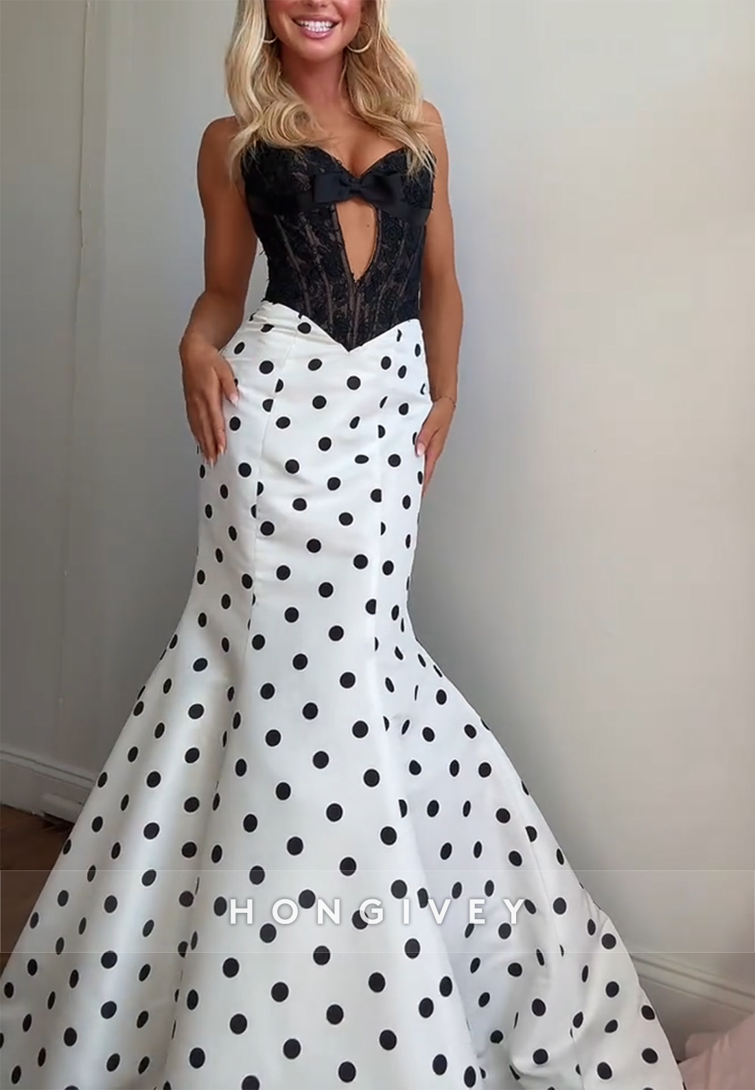 Strapless Sweetheart Mermaid Floor-Length Polka Dot Prom Dresses
