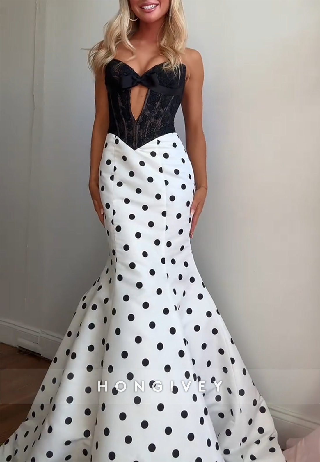 Strapless Sweetheart Mermaid Floor-Length Polka Dot Prom Dresses