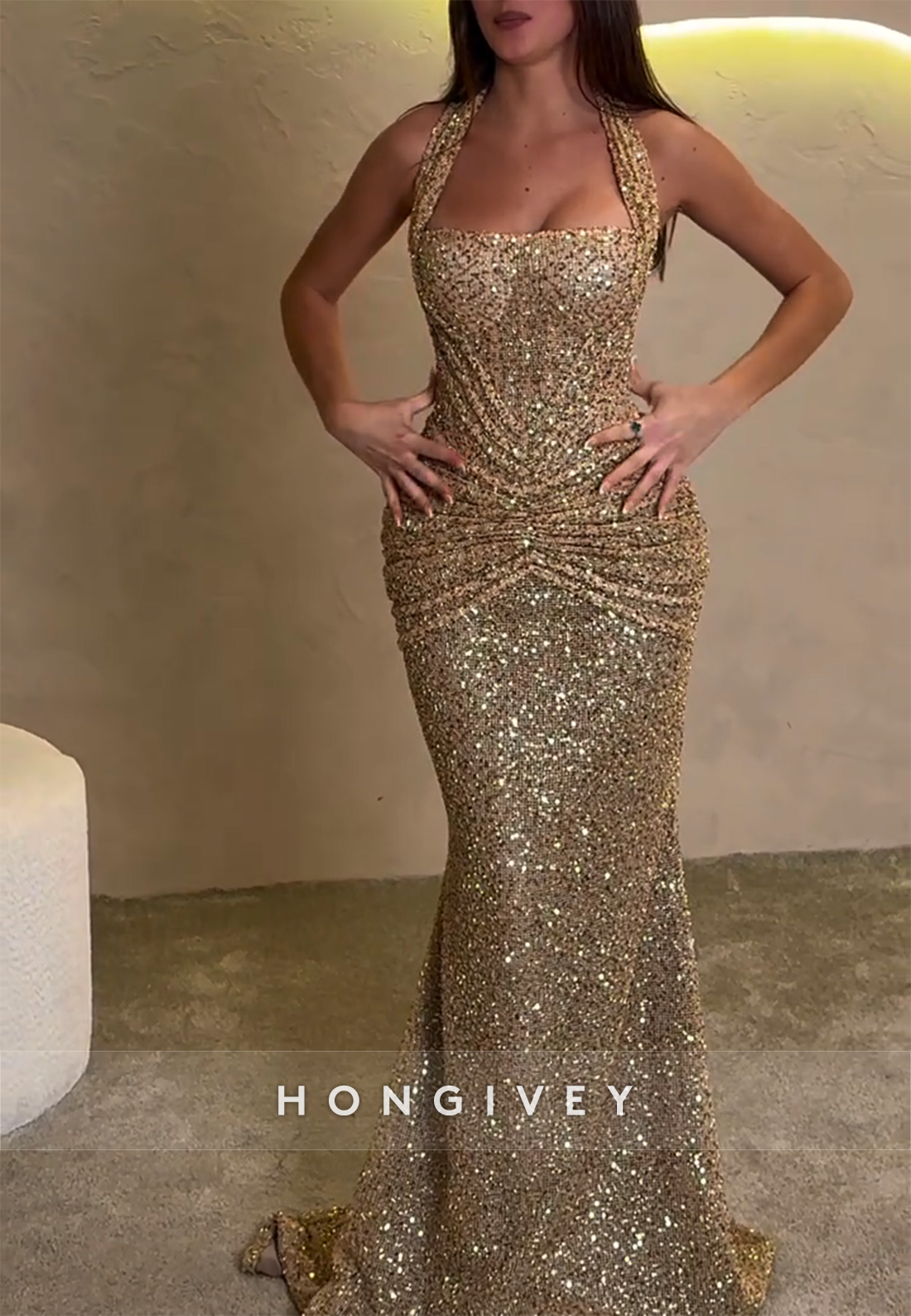 Golden Tie Back Sequined Floor-Length Pleated Trumpet Prom Dresses