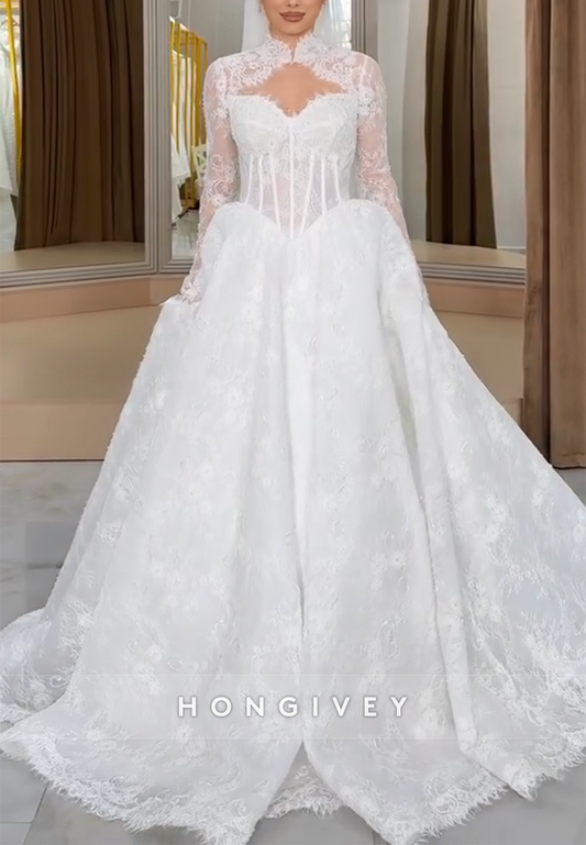 Lace Bell Sleeves Sweetheart A-Line Empire High Neck Wedding Dresses