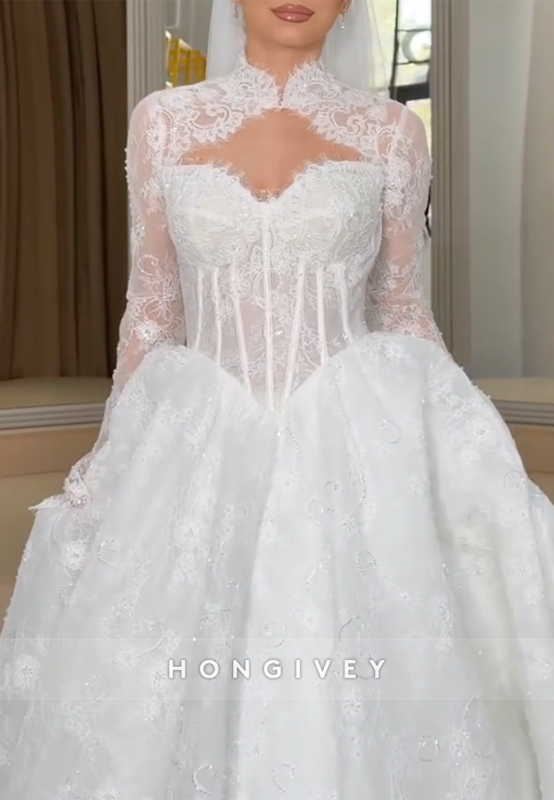 Lace Bell Sleeves Sweetheart A-Line Empire High Neck Wedding Dresses